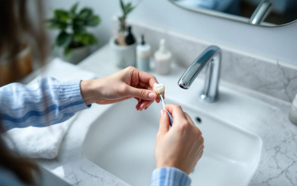 personne-brossant-delicatement-un-implant-dentaire-devant-un-lavabo-de-salle-de-bains-gros-plan-sur-la-main-et-limplant-ambiance-calme-et-hygienique-sous-une-lumiere-douce-tons-bleus-et-verts
