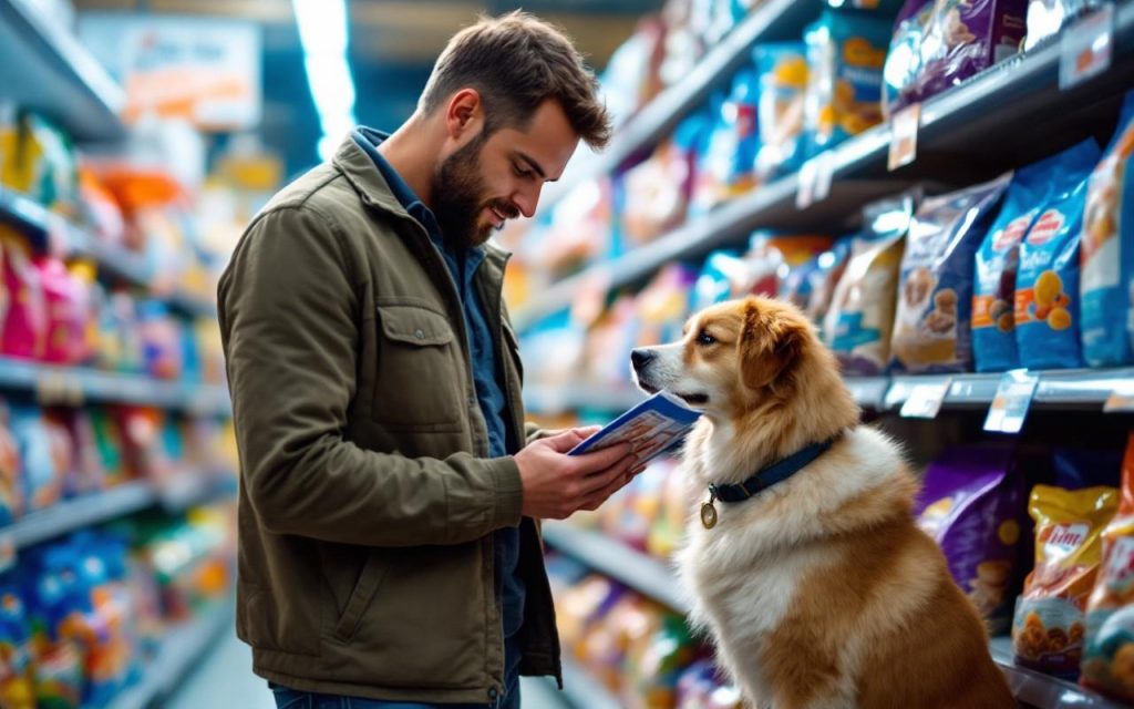 Propriétaire de chien lisant attentivement l'étiquette d'un sac de croquettes dans une allée de magasin pour animaux. Étagères remplies de sacs colorés, lumière douce et volumétrique se mêlant à un éclairage fluorescent, chien à ses côtés, scène réaliste et naturelle.