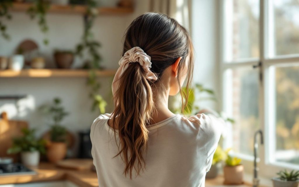 femme-attachant-ses-cheveux-avec-un-chouchou-en-soie-pres-dune-fenetre-lumiere-douce-du-matin-plantes-en-arriere-plan-et-plan-de-travail-en-bois