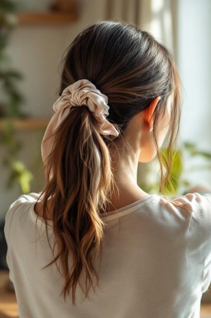 femme-attachant-ses-cheveux-avec-un-chouchou-en-soie-pres-dune-fenetre-lumiere-douce-du-matin-plantes-en-arriere-plan-et-plan-de-travail-en-bois