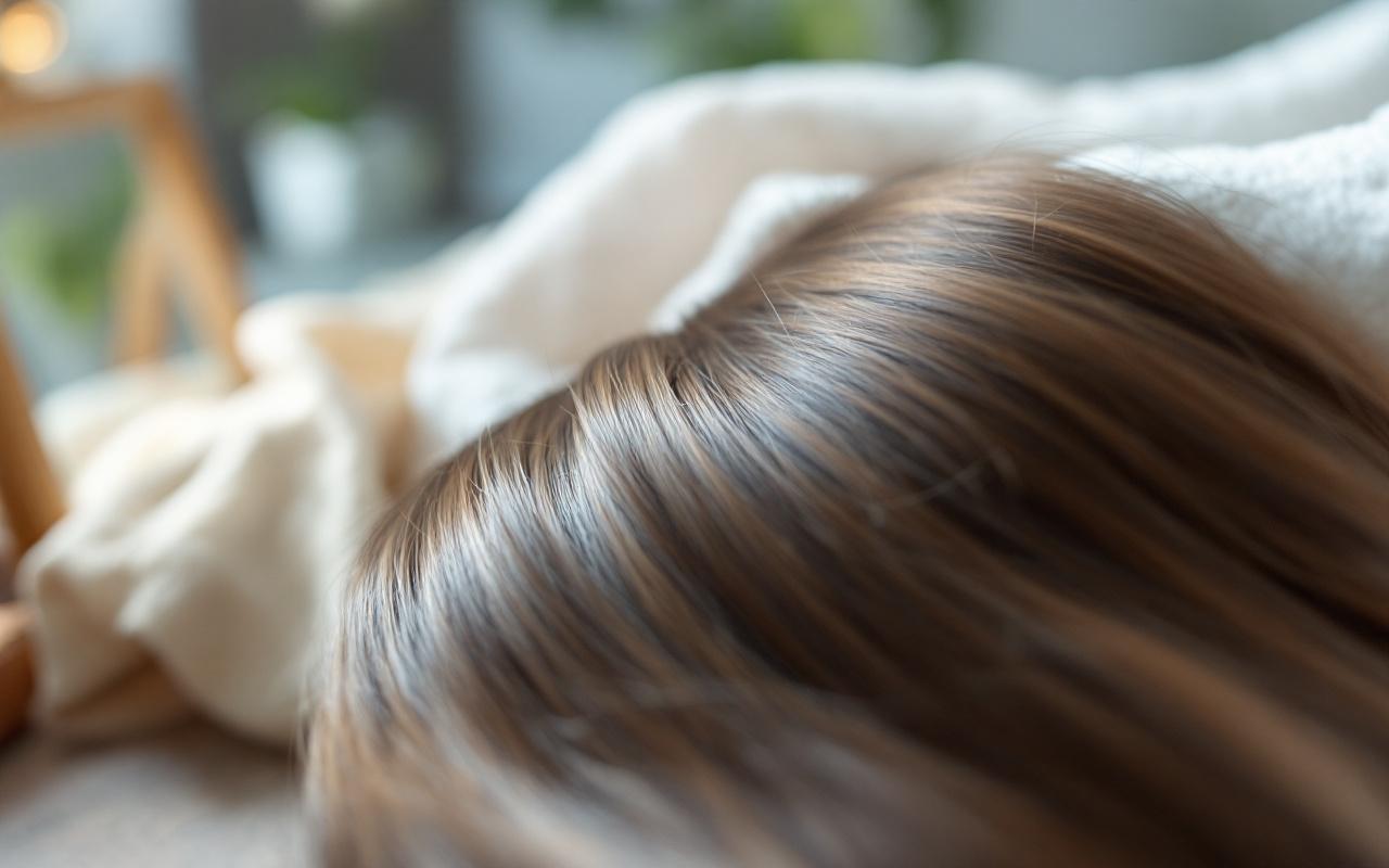 Gros plan sur les pointes de cheveux lisses et brillantes, avec des m&egrave;ches distinctes et de l&eacute;gers frisottis, sur un arri&egrave;re-plan flou de type coiffeuse en bois et tissu, &eacute;clairage doux et diffus aux nuances bleu-vert.