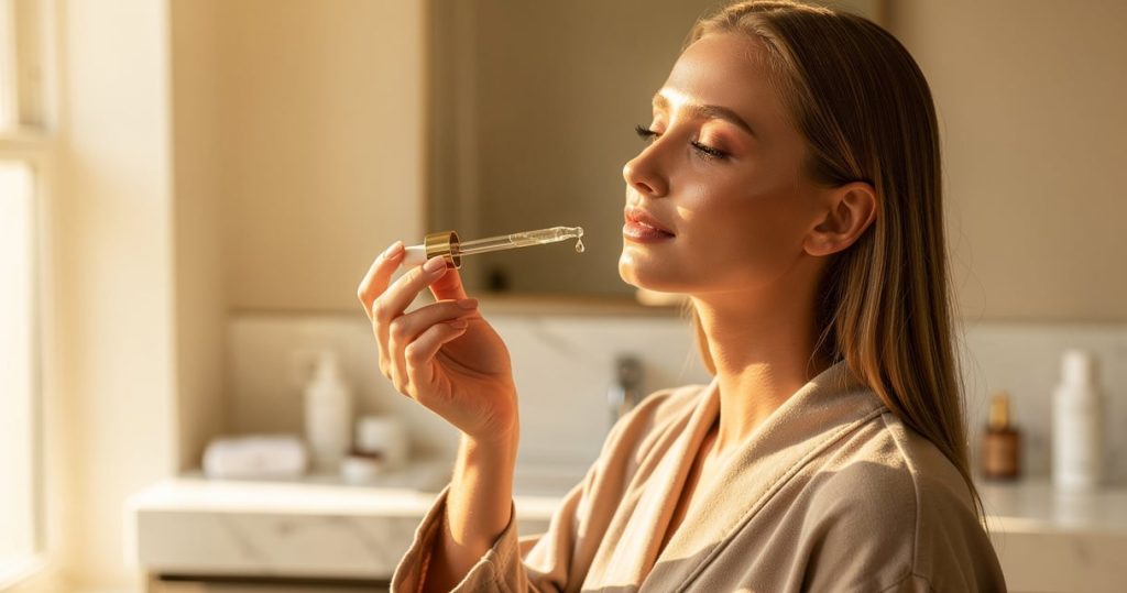Femme appliquant un sérum aux peptides de collagène sur son visage