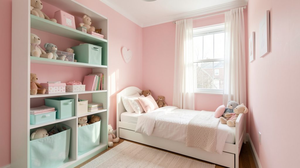 Chambre d’enfant douce et lumineuse aux tons pastel, rangements soignés et ambiance cocon apaisante, baignée par une lumière naturelle.