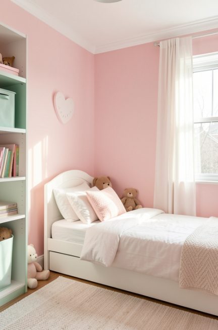 Chambre d’enfant douce et lumineuse aux tons pastel, rangements soignés et ambiance cocon apaisante, baignée par une lumière naturelle.