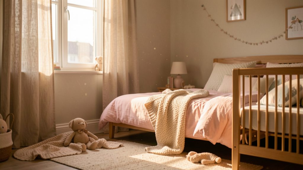 Chambre d’enfant douce et apaisante, avec textiles naturels, lumière chaude du soir et ambiance sereine.
