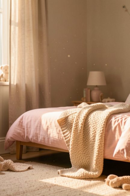 Chambre d’enfant douce et apaisante, avec textiles naturels, lumière chaude du soir et ambiance sereine.