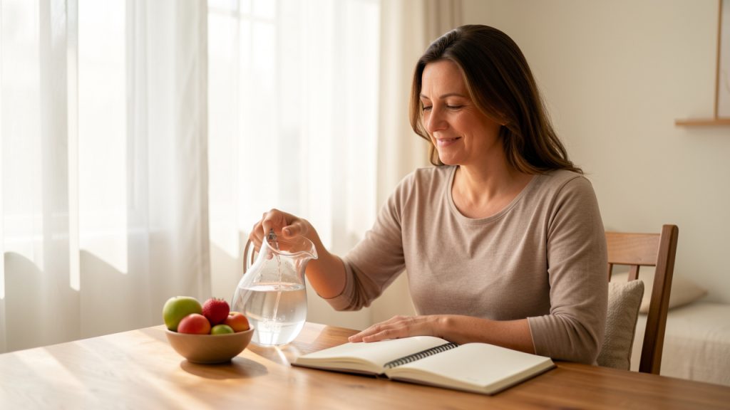 Une femme de 35 ans détendue dans un intérieur lumineux et apaisant, versant de l’eau fraîche près de fruits et d’un carnet de bien-être ouvert sur une table en bois.