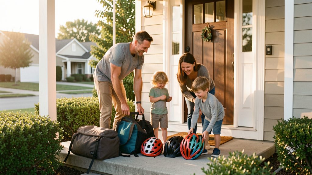Une famille détendue prépare un départ matinal devant une maison, avec des sacs et des casques posés près de l'entrée.