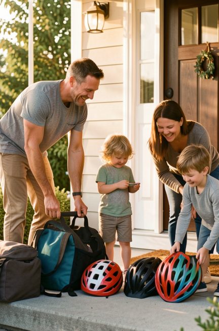 Une famille détendue prépare un départ matinal devant une maison, avec des sacs et des casques posés près de l'entrée.