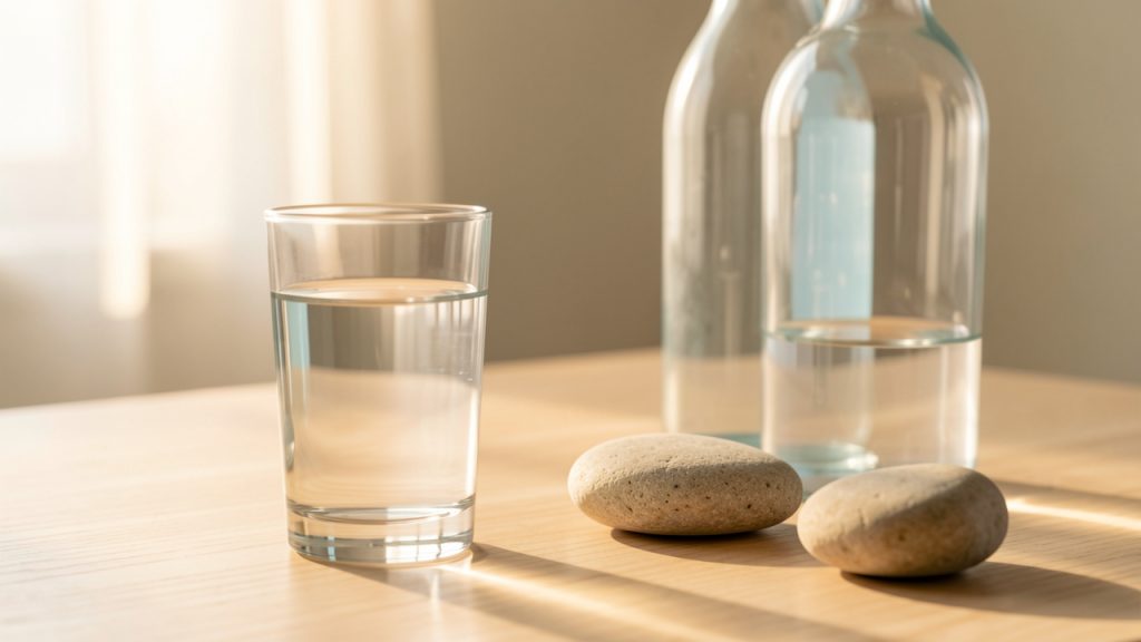 Verre d’eau minérale posé sur une table en bois clair, accompagné d’une bouteille transparente et de pierres naturelles dans une ambiance douce et lumineuse.