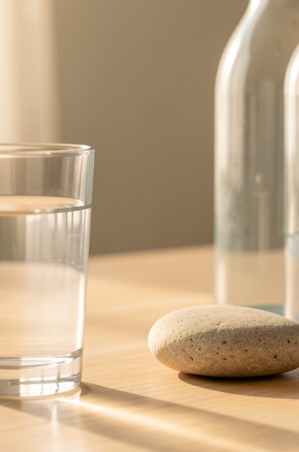 Verre d’eau minérale posé sur une table en bois clair, accompagné d’une bouteille transparente et de pierres naturelles dans une ambiance douce et lumineuse.