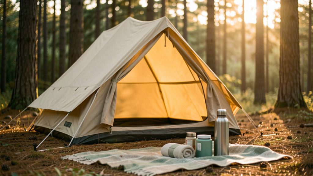 Tente de camping chaleureuse éclairée par les premières lueurs du soleil, avec une trousse de bien-être et une gourde posées au premier plan.