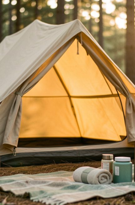 Tente de camping chaleureuse éclairée par les premières lueurs du soleil, avec une trousse de bien-être et une gourde posées au premier plan.