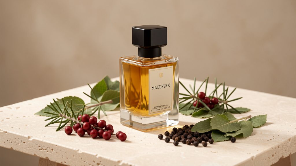 Flacon de parfum masculin élégant posé sur une table en pierre claire, entouré de baies de genièvre, de feuilles de maté et de grains de poivre noir dans une lumière douce.