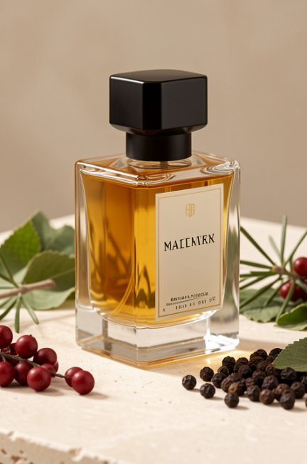 Flacon de parfum masculin élégant posé sur une table en pierre claire, entouré de baies de genièvre, de feuilles de maté et de grains de poivre noir dans une lumière douce.