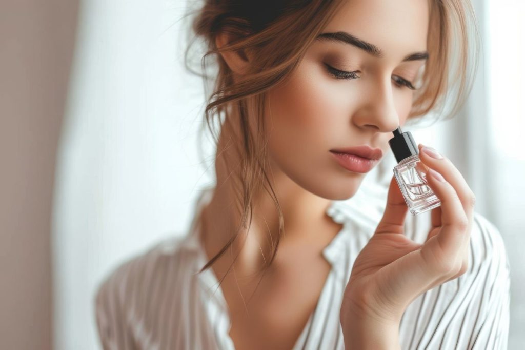 Femme testant un parfum sur son poignet dans une parfumerie